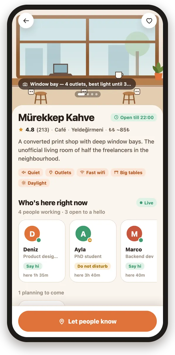 Mürekkep Kahve mekan profili: puanı, sessiz ve hızlı wifi etiketleri, prizler ve şu anda orada kimlerin çalıştığı